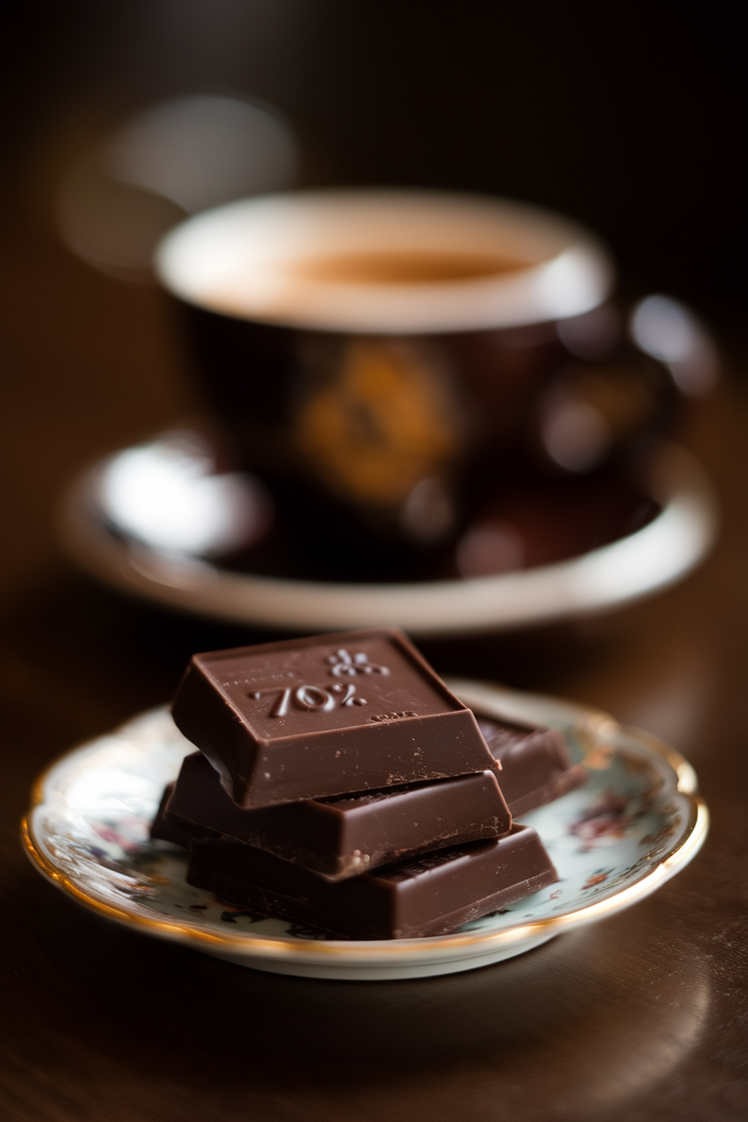 Indoor photo of a few squares of 70% dark chocolate on a small porcelain plate, coffee cup blurred in background; no text or logos