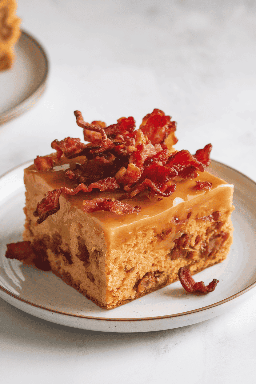 An indoor brunch spread featuring a square of maple-glazed cake sprinkled with crisp bacon bits, served on a plain white plate. No text or logos. Photo only.