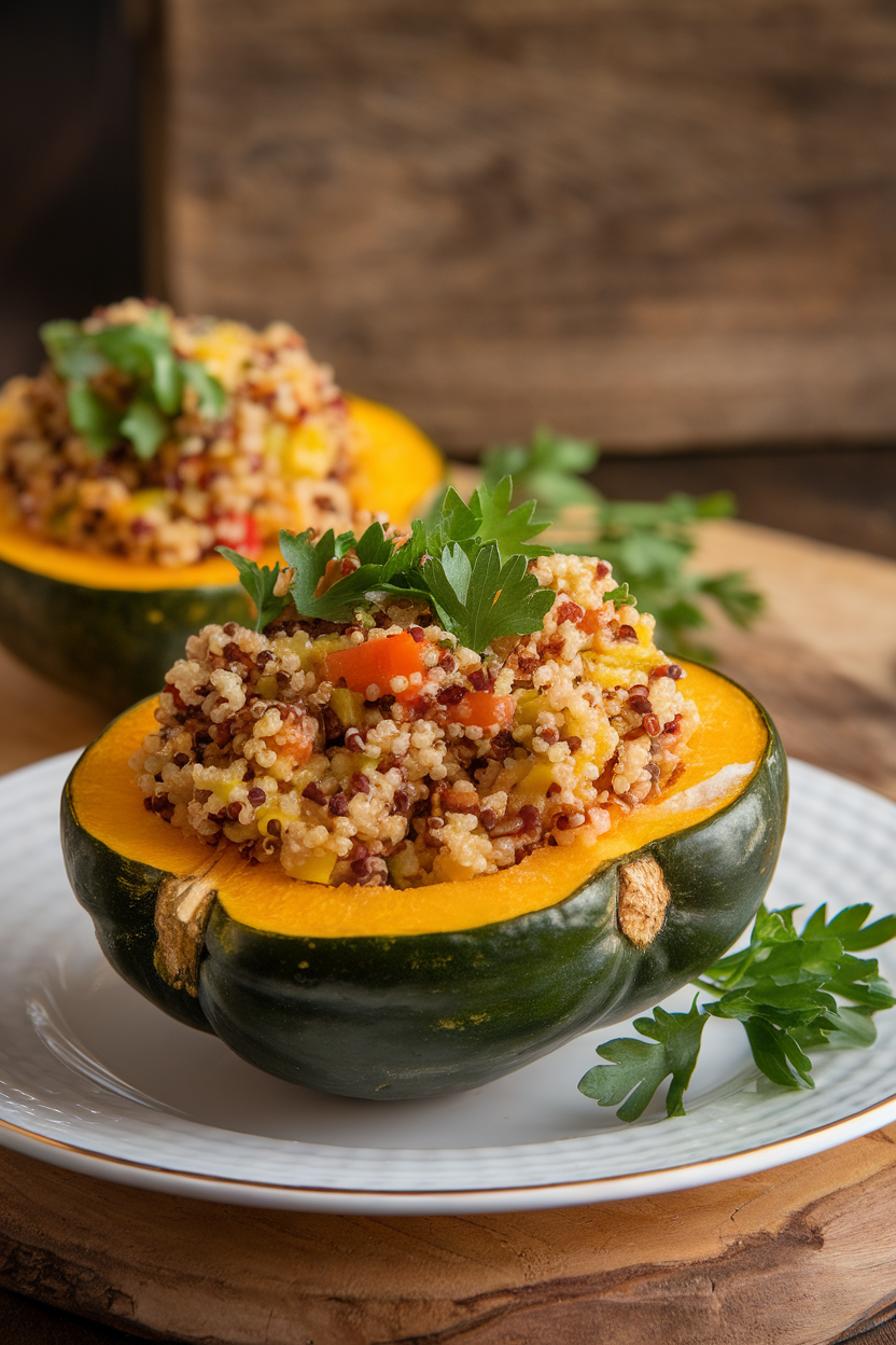 Half acorn squash filled with colorful quinoa and vegetable mixture, plated indoors. No text or logos. Photo.