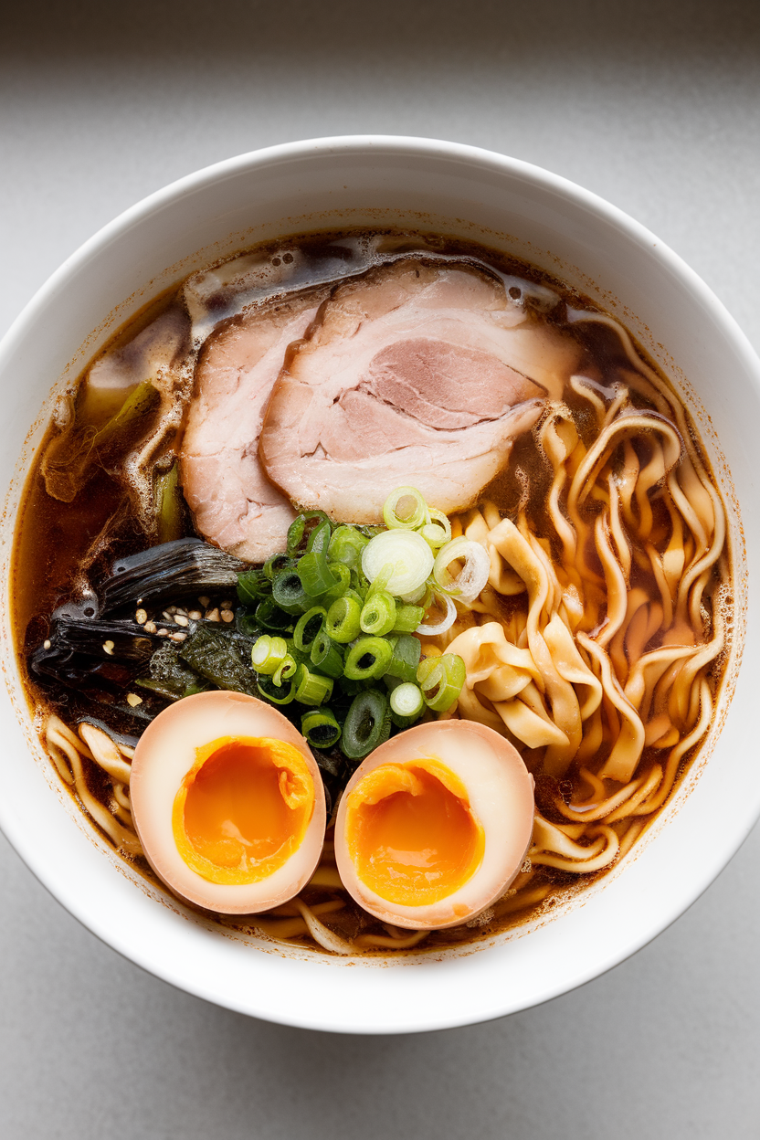 Indoor photo of a steaming bowl of miso ramen—broth, noodles, sliced pork, soft egg, and veggies—captured overhead. No text or logos anywhere.