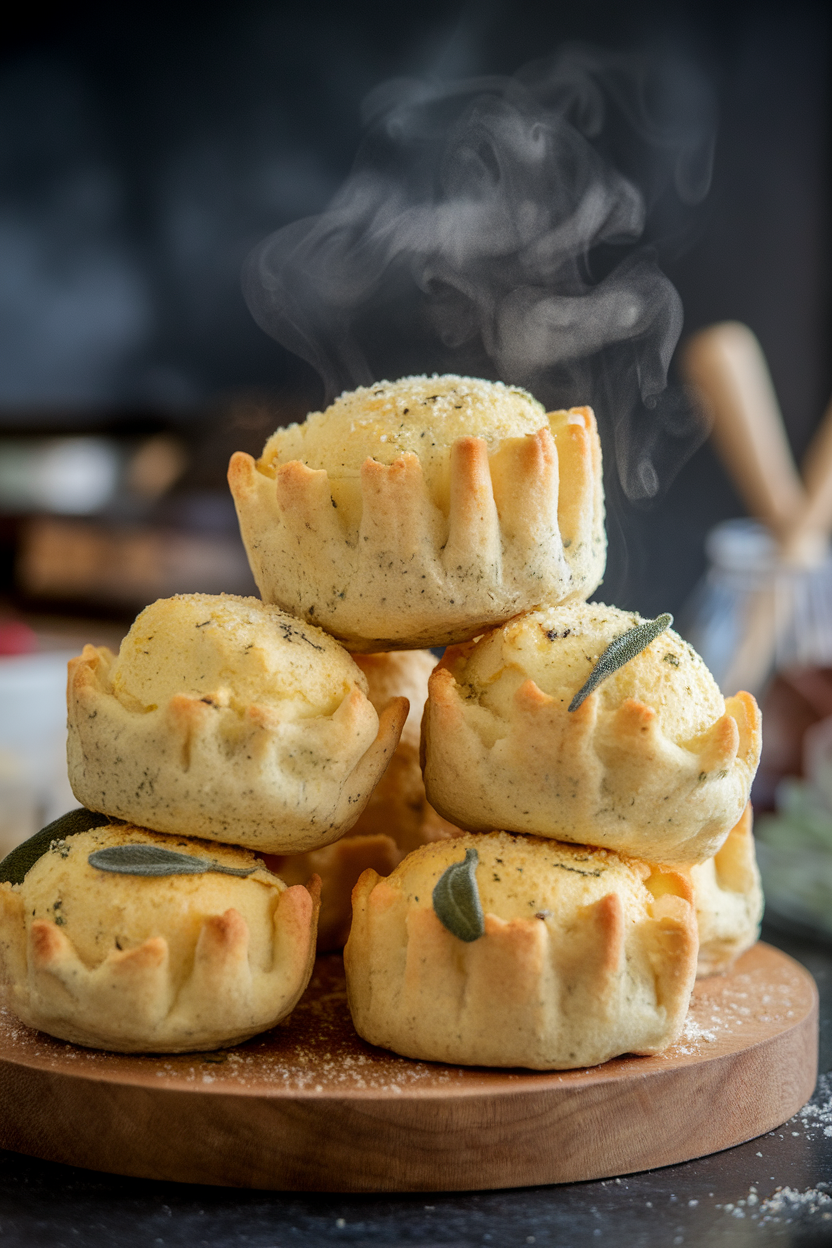 An indoor wooden board stacked with airy popovers speckled with sage and parmesan, steam gently wafting. No logos or text. Photo only.