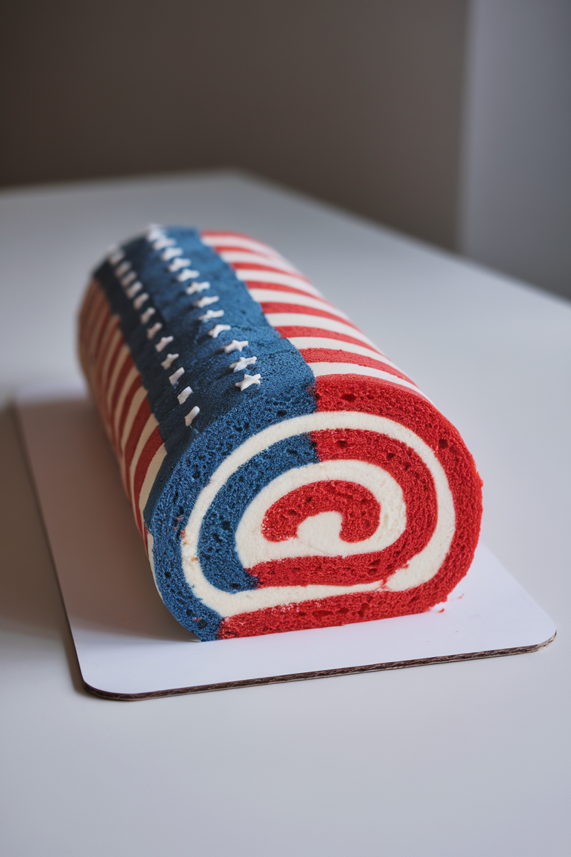 A Swiss roll cake indoors, sliced to show a spiral that forms an American flag design in red, white, and blue sponge, placed on a simple white platter. Photo only, no text or logos.