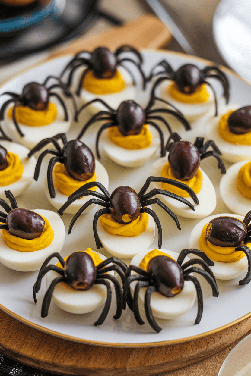 Indoor platter of deviled eggs topped with black olive spiders—halved olives as bodies, sliced strips as legs—arranged in a circle. No text or logos; photograph.