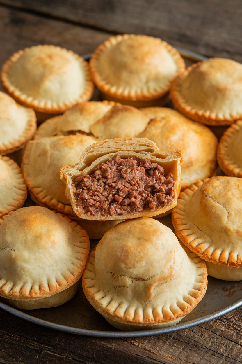 Indoor tray of small baked meat pies, one split open to reveal seasoned ground beef filling, no text or logos. Photo.