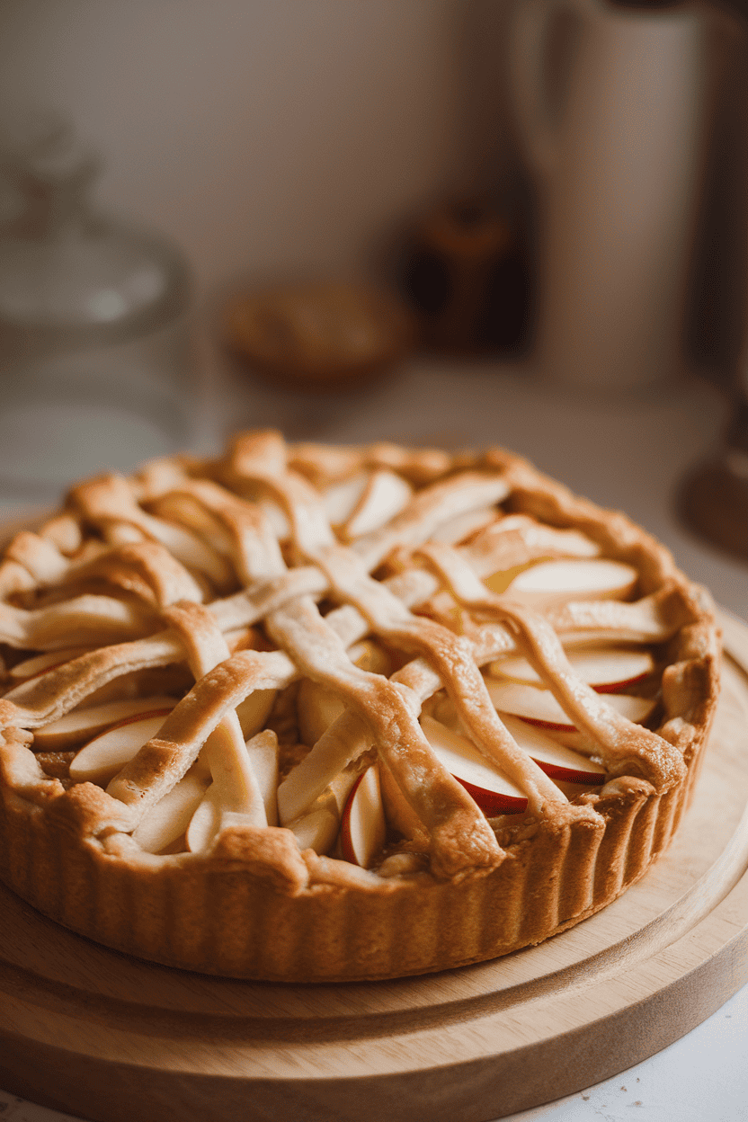 Indoor photo of a round apple tart with puff-pastry lattice resembling a spiderweb, sliced apples visible beneath. Soft warm light, no text or logos.