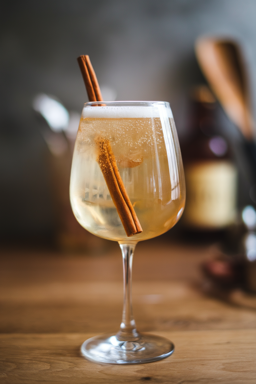 Photo of a collins glass indoors, pale gold apple cinnamon calvados fizz, slim cinnamon stick inside, bubbly head on top. No text or logos.