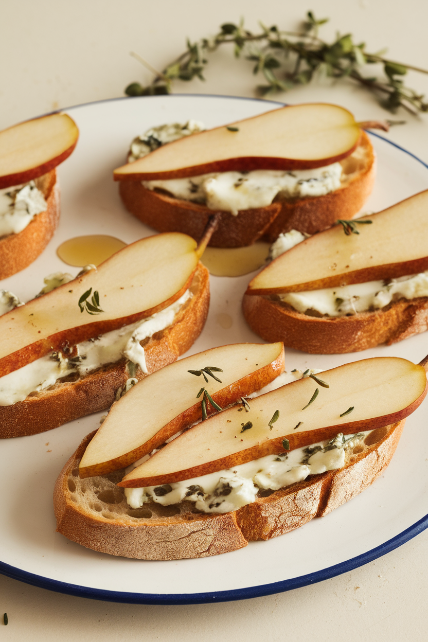 An indoor platter showing toasted baguette slices topped with thin pear wedges, melted Gorgonzola, and a drizzle of honey. No text or logos. Photo, not illustration.