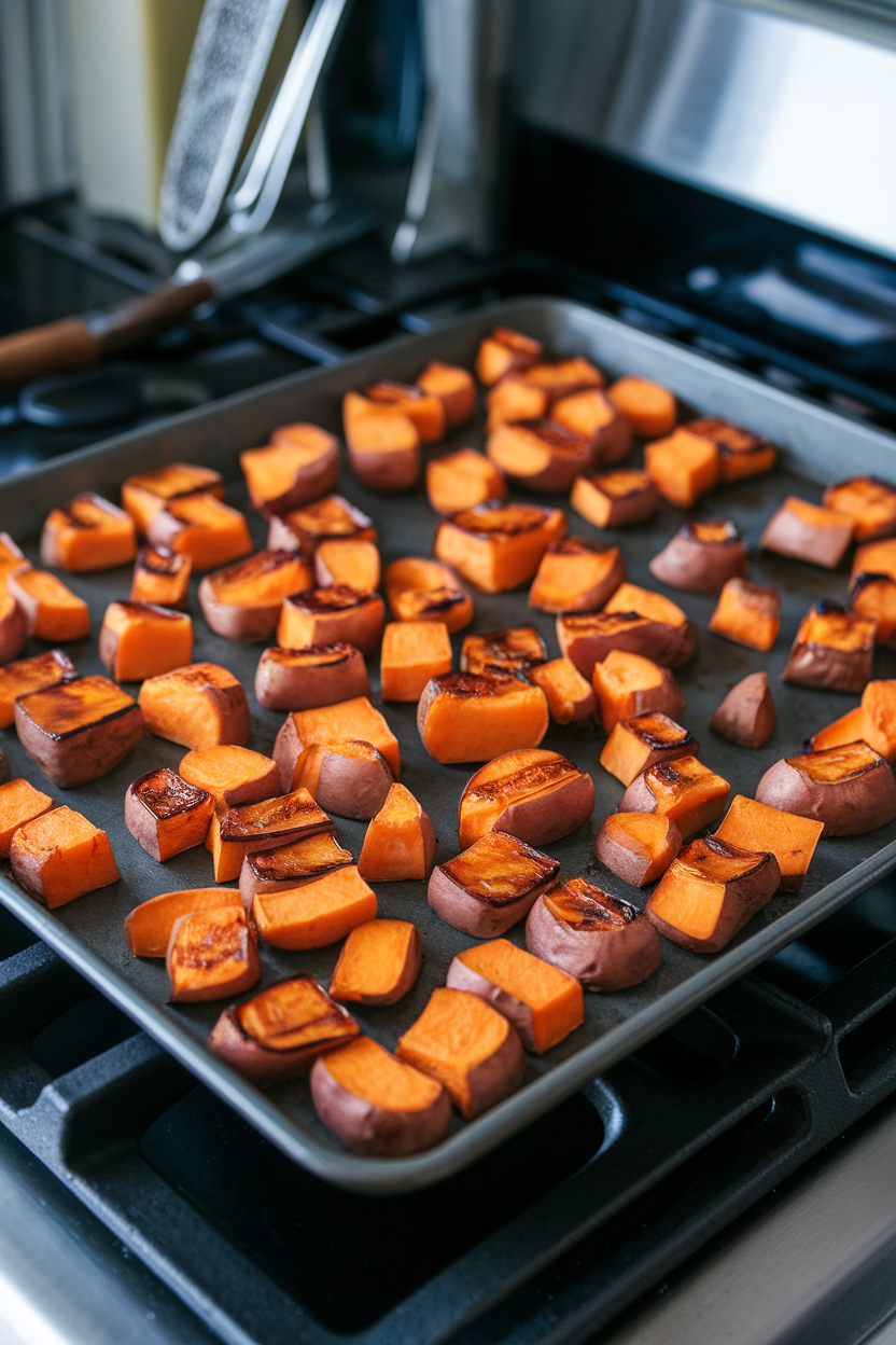 Photo of a sheet pan on an indoor stovetop holding cubes of roasted sweet potatoes caramelized at the edges; no text or logos