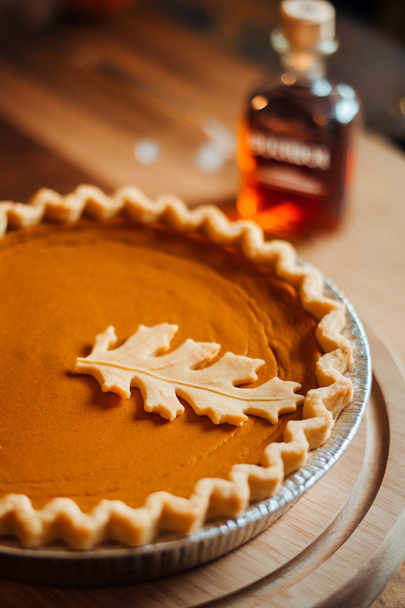 Indoor photo of a pumpkin pie with a decorative leaf crust edge, small bourbon bottle blurred in background. No text or logos.