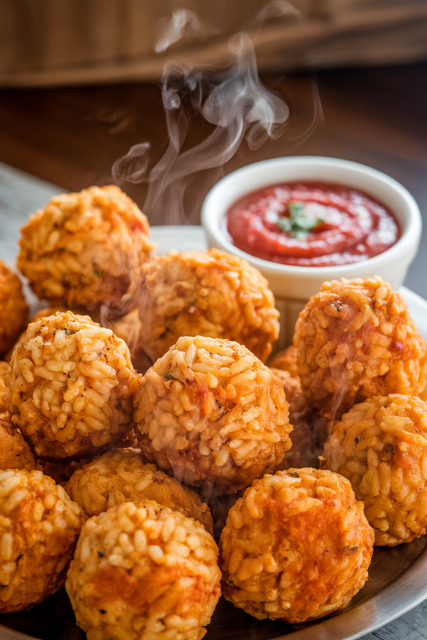 Photo of golden fried risotto balls with steam, arranged indoors on a platter with small bowl of marinara. No text or logos.