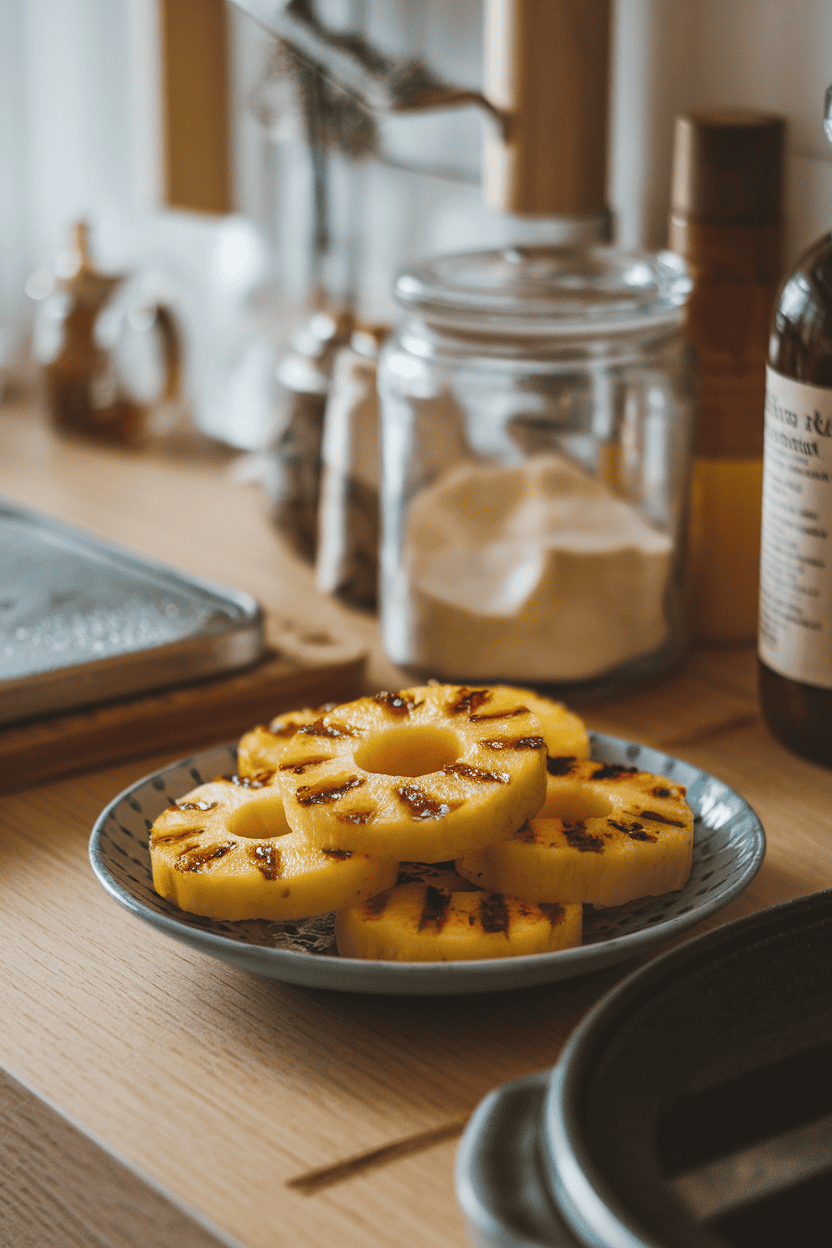 Cozy indoor counter with caramelized pineapple rings stacked on a small plate, grill marks visible, a sprinkle of chili-lime seasoning on top. No text or logos present. Photo, not illustration.