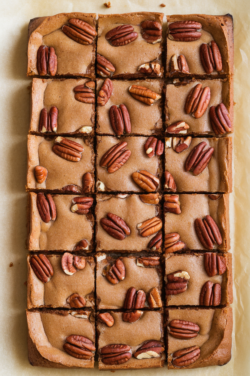 Indoor photo of square blondies dotted with pecans, slight sheen on top, arranged on parchment paper. No text or logos.