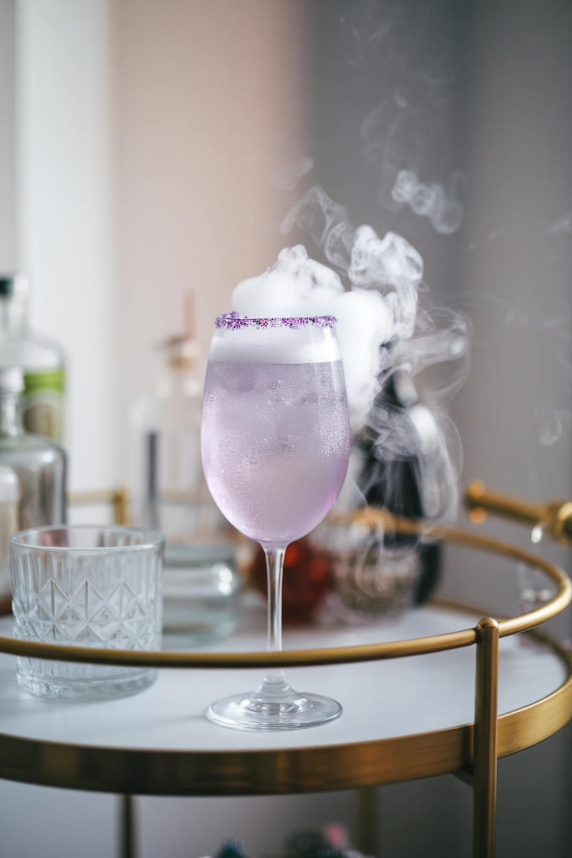 Indoor bar cart with stemless flute of lavender sparkling drink, small piece of dry ice generating mist, sugared rim sparkling under soft light. No text or logos. Photo, not illustration.