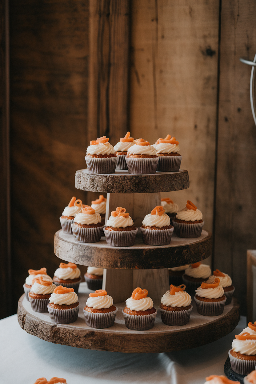 Indoor cupcake stand displaying carrot cake cupcakes with cream cheese frosting and tiny candied carrot curls. No text or logos.