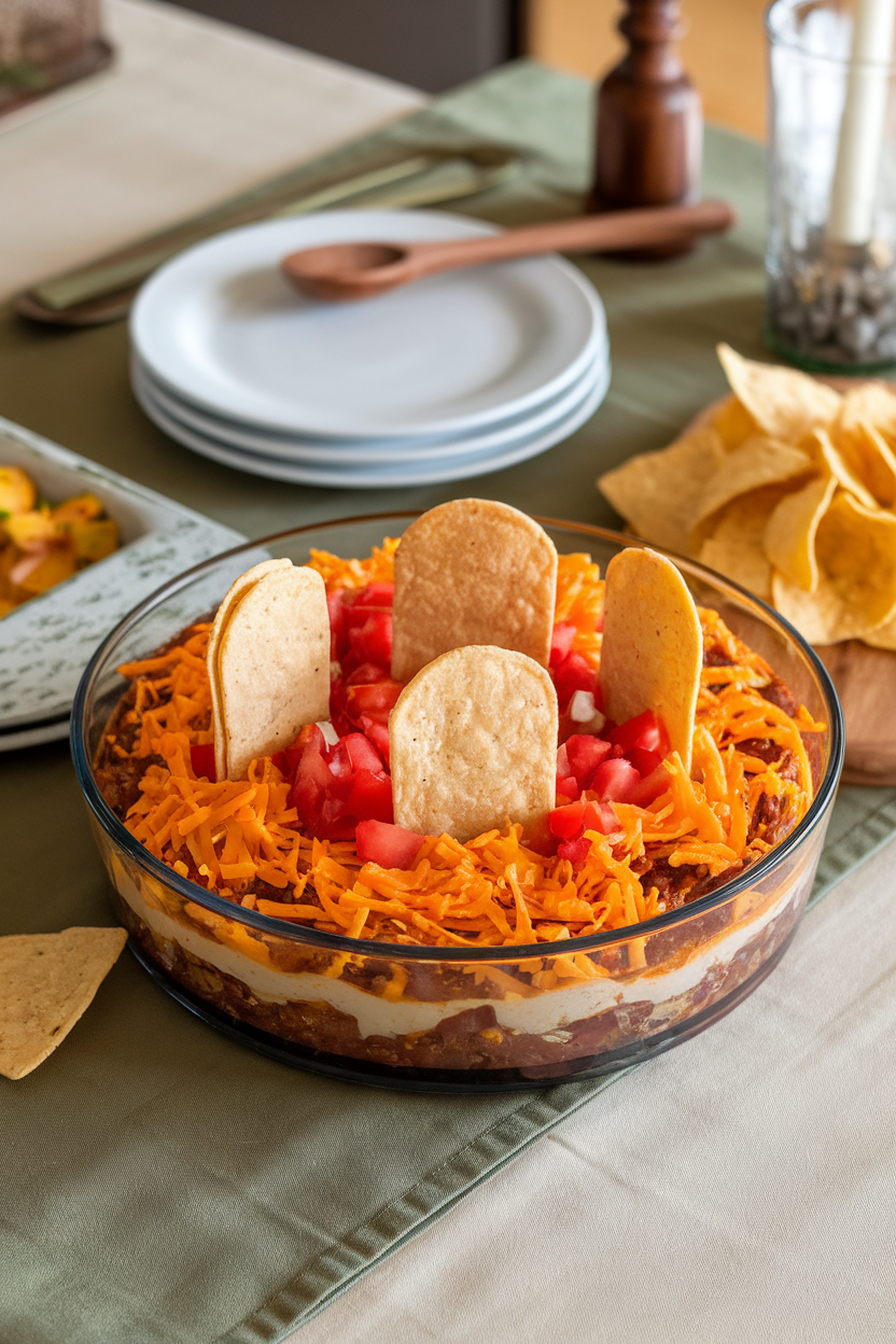 An indoor game-day table featuring a casserole dish of layered taco dip with shredded cheese, diced tomatoes, and small tortilla tombstones standing upright. Photo, no text or logos.