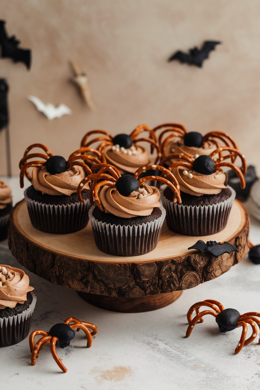 Photo of chocolate cupcakes with mocha frosting and pretzel-leg spiders on top, indoor display, no text or logos.