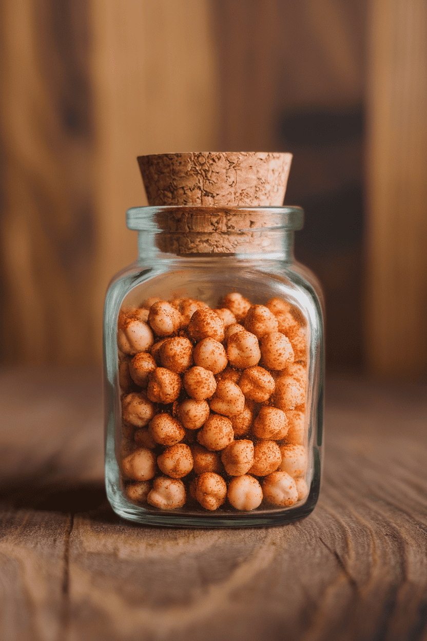 Indoor photo of a small glass jar filled with seasoned roasted chickpeas, no text or logos.