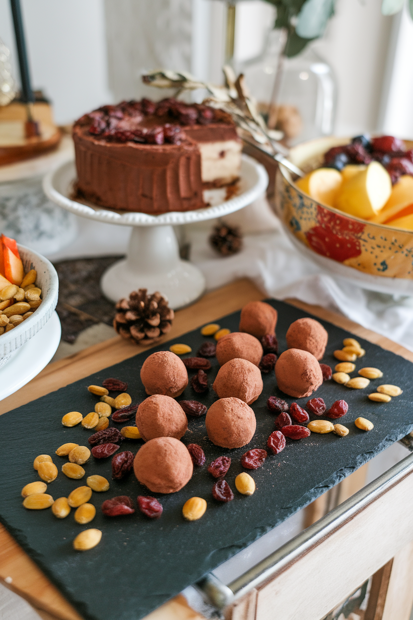 Indoor dessert spread featuring a slate board with cocoa-dusted chocolate pumpkin truffles, toasted pepitas, and dried cranberries scattered artfully. No text or logos. Photo only.