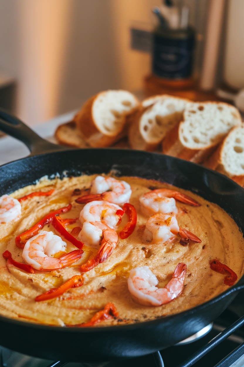 A bubbling indoor skillet of creamy dip studded with cooked shrimp and peppers, toasty baguette slices on the side. No text or logos. Photo only.