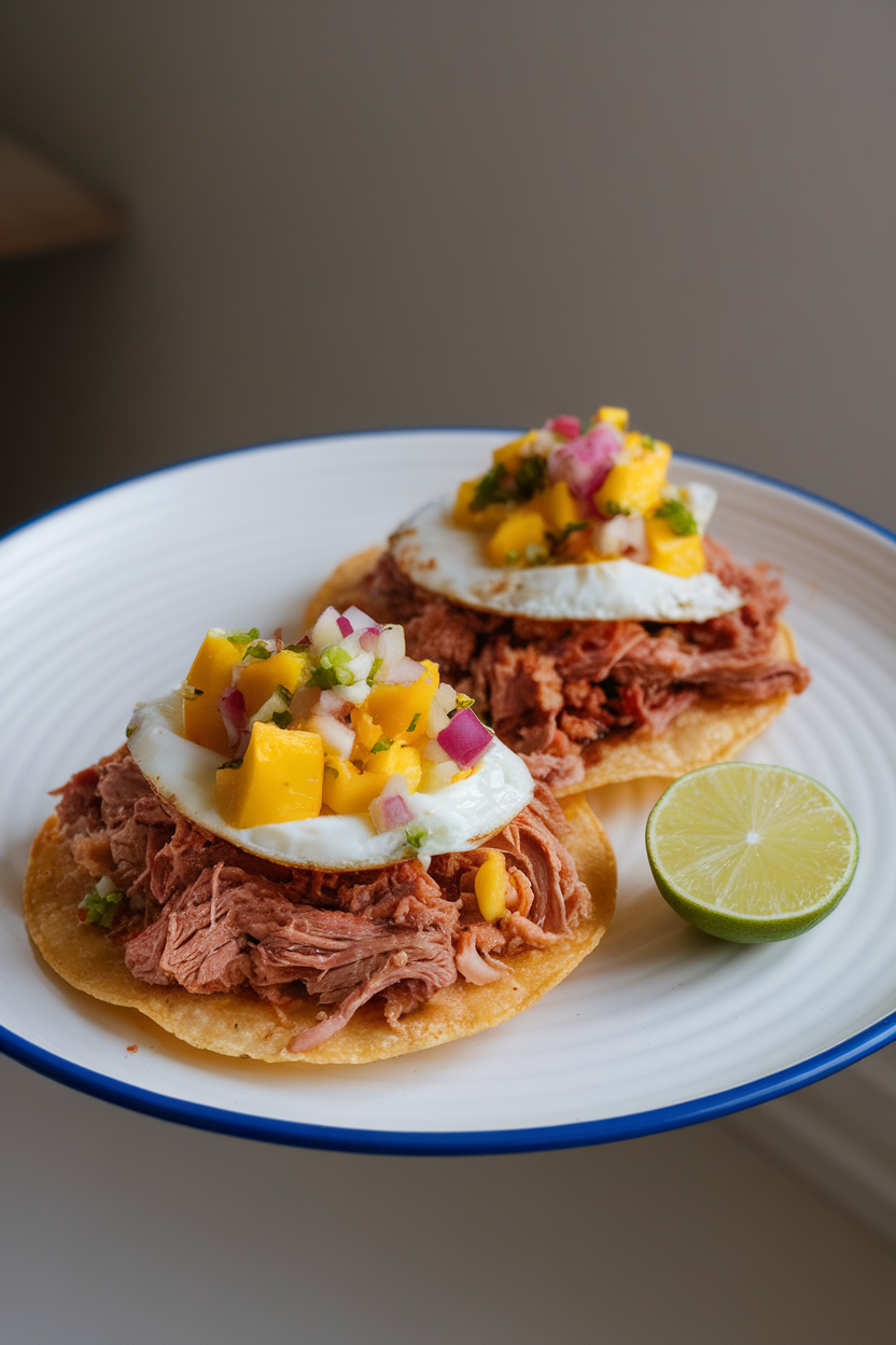 Indoor plate holding two crispy tostadas topped with pulled pork, scrambled egg, and colorful mango salsa, lime wedge on side. No text or logos.