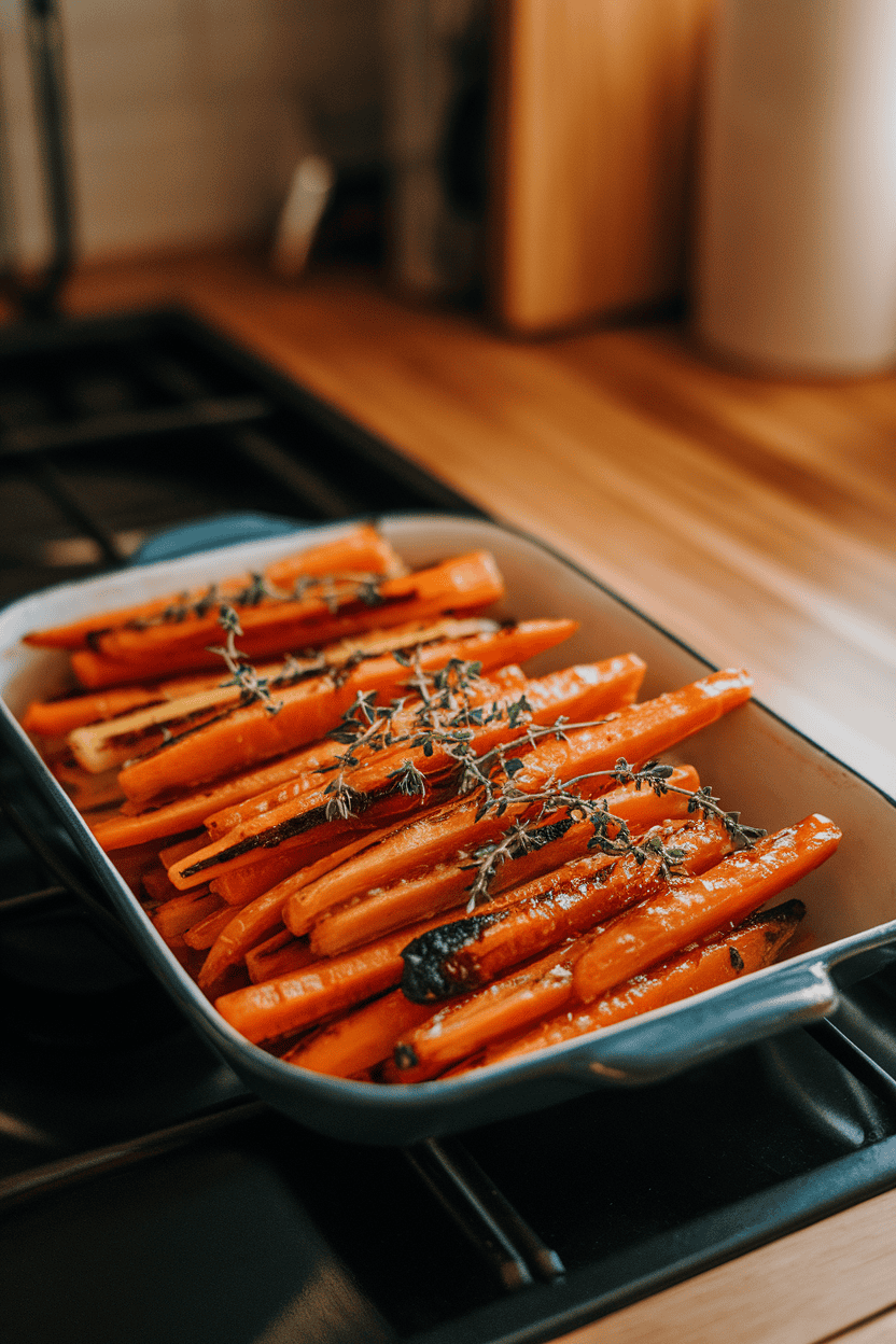 Warm indoor kitchen counter showing a shallow dish of grilled carrot sticks coated in shiny honey glaze and garnished with fresh thyme. No text or logos visible. Photo, not illustration.