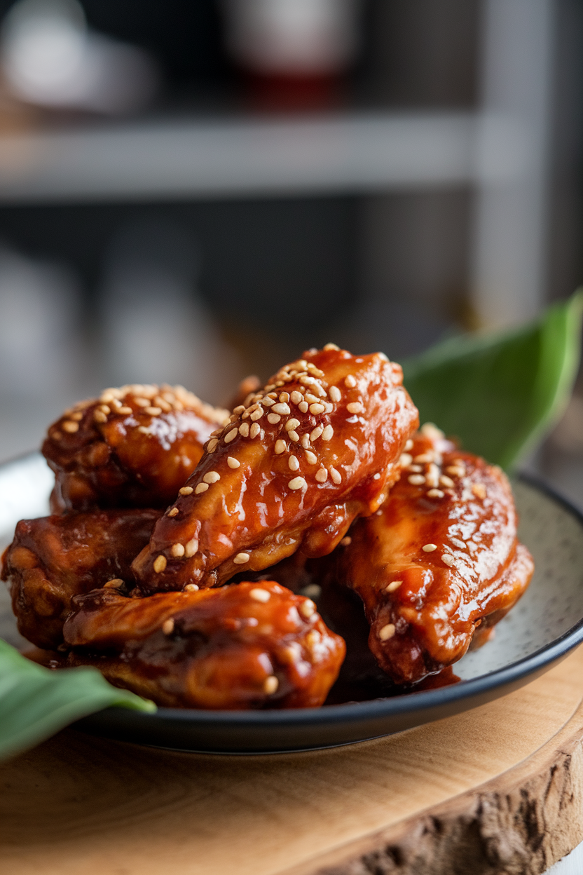Photo of glazed chicken wings coated in dark sweet-chili sauce on an indoor plate, garnished with sesame seeds. No text or logos.