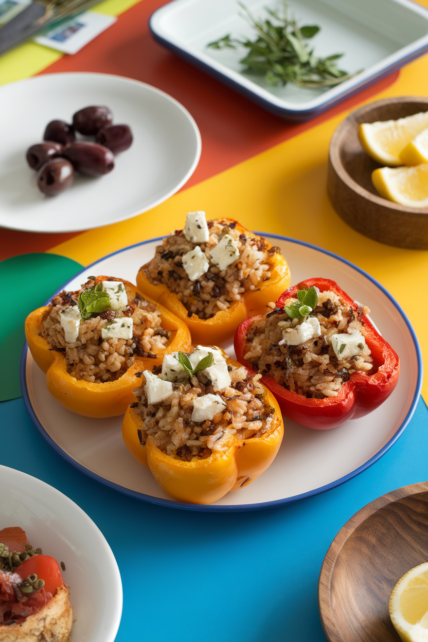 A brightly colored indoor dining table featuring halved roasted bell peppers stuffed with a mix of brown rice, feta, and herbs, lightly browned on top. No text or logos present; photography only.