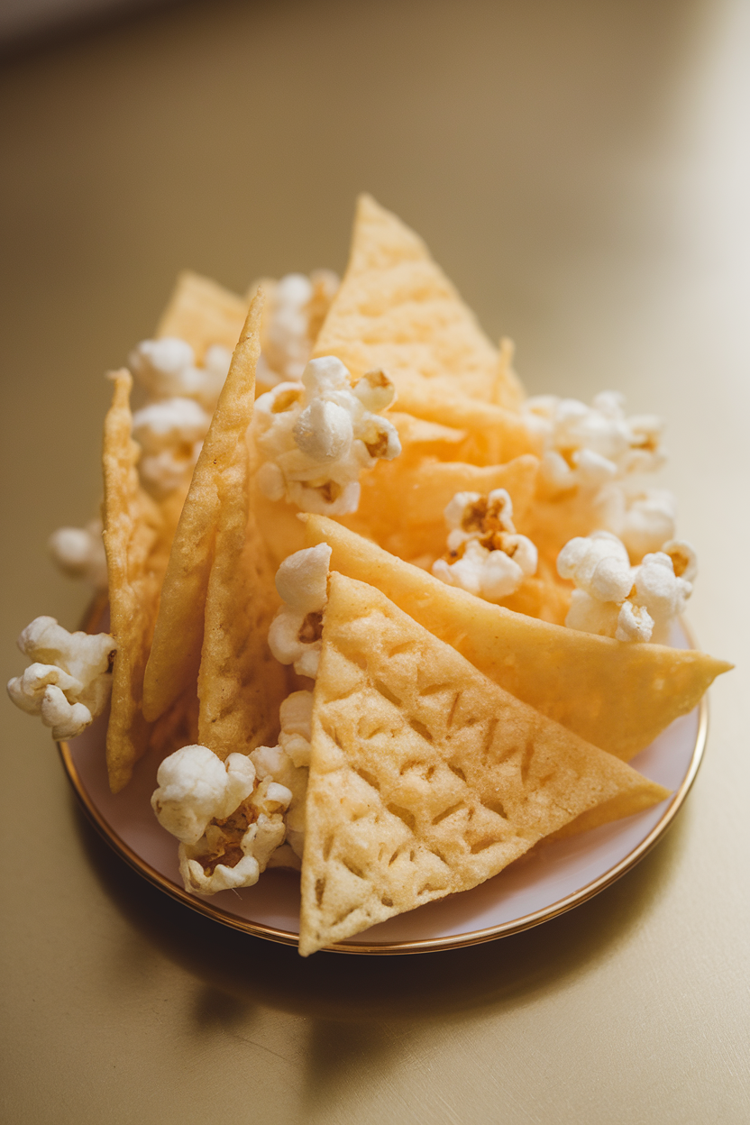 Indoor photo of triangular popcorn chips fanned out on a small plate, light reflection emphasizing airy texture. No text or logos.