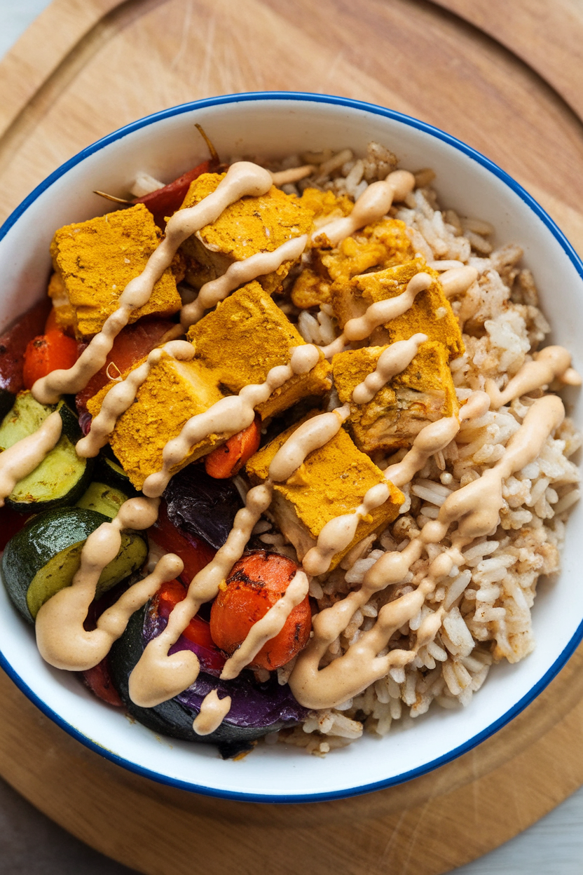 Indoor photo of a wide bowl arranged with turmeric-rubbed tempeh cubes, brown rice, roasted vegetables, and a drizzle of tahini sauce. Overhead view, no text or logos.