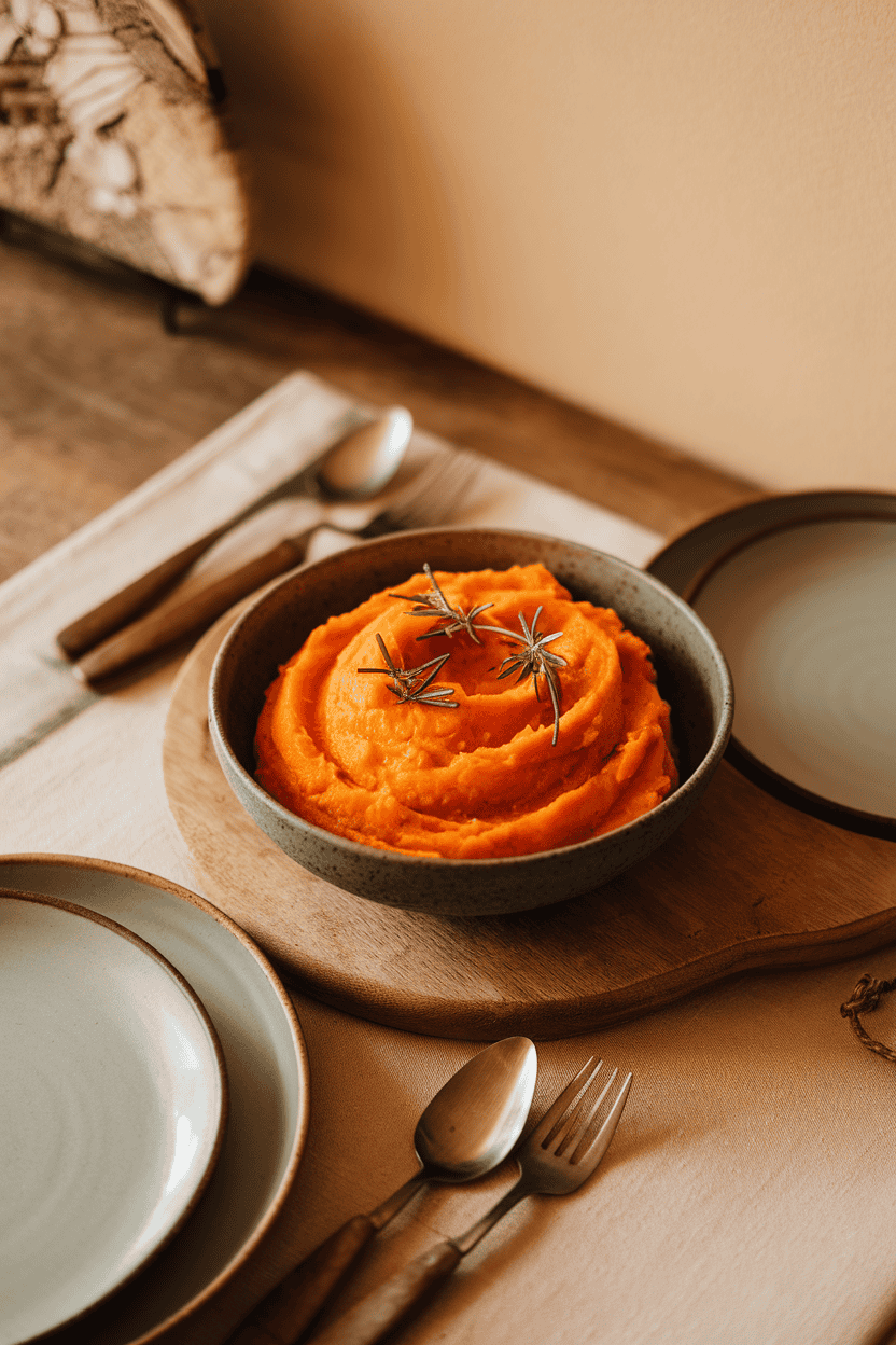 An indoor table setting with a bowl of mashed orange sweet potatoes topped with tiny rosemary leaves, warm lighting, no branding