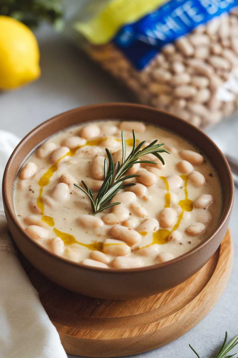 An indoor soup bowl filled with creamy white bean soup, rosemary sprig on top, a drizzle of olive oil swirling across the surface. No text or logos.