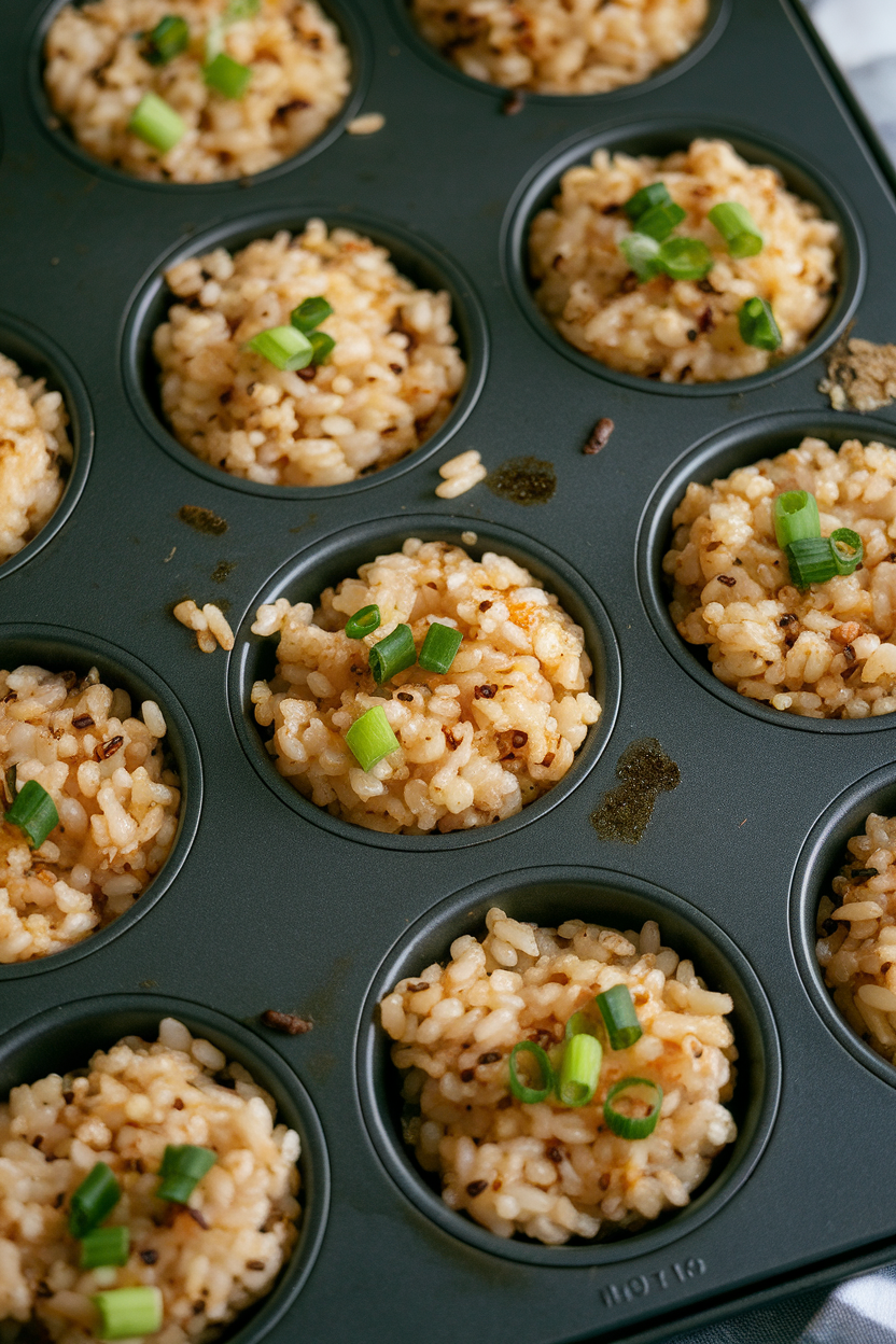 Muffin tin indoors filled with compact pork fried rice cups, edges slightly crisp, green onion garnish. No text or logos.