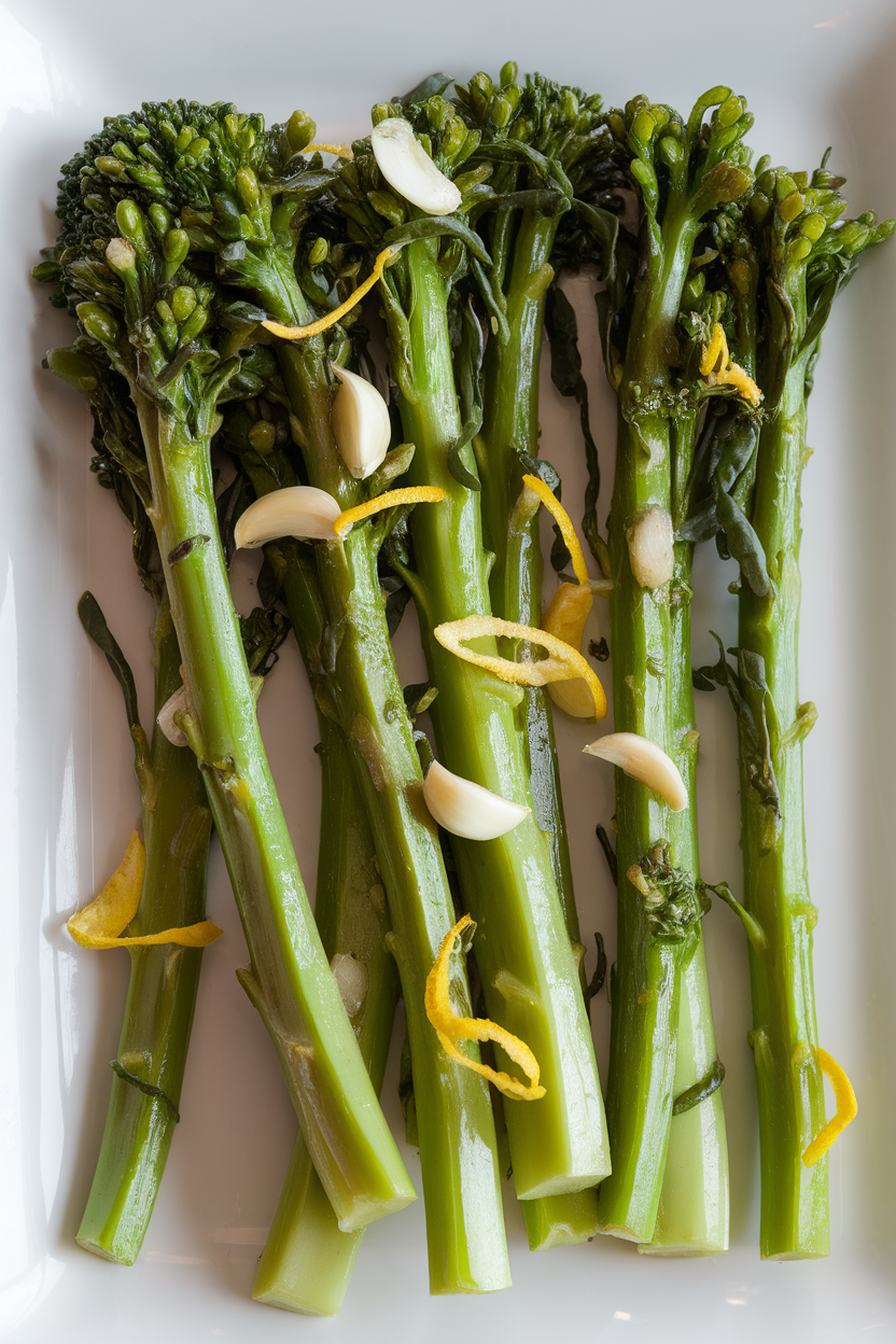 Slender broccolini stalks arranged on a white plate, glistening with olive oil, garlic chips, and lemon zest; indoor lighting, no text or logos. Photo only.