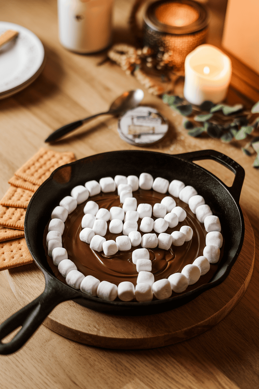 Indoor photo of a cast-iron skillet with melted chocolate topped by arranged marshmallows forming a skeleton, graham crackers on the side. Warm indoor lighting, no text or logos.