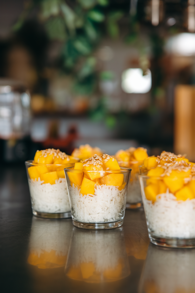 Small glass cups on an indoor counter layered with coconut sticky rice and diced mango, garnished with toasted sesame seeds. Photo only, no text or logos.