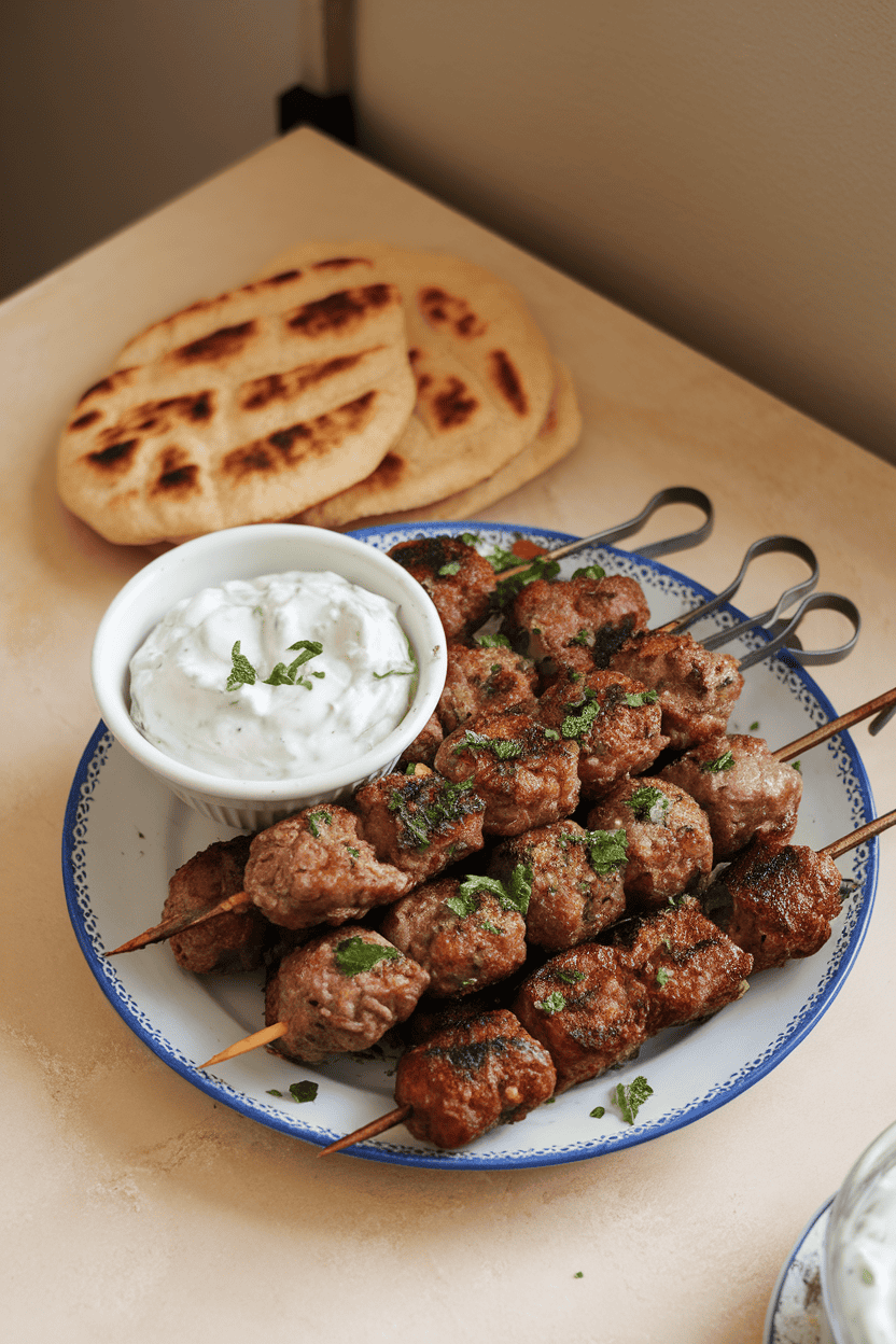 Indoor tabletop with a platter of browned lamb kofta skewers, sprinkled with chopped mint and served alongside a small bowl of tzatziki. No text or logos present. Photo, not illustration.