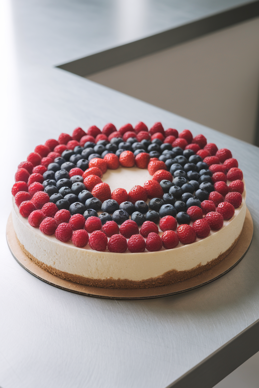 An indoor kitchen table featuring a creamy cheesecake topped with concentric rings of strawberries, blueberries, and raspberries forming a flag-inspired motif. No text or logos, photo only.