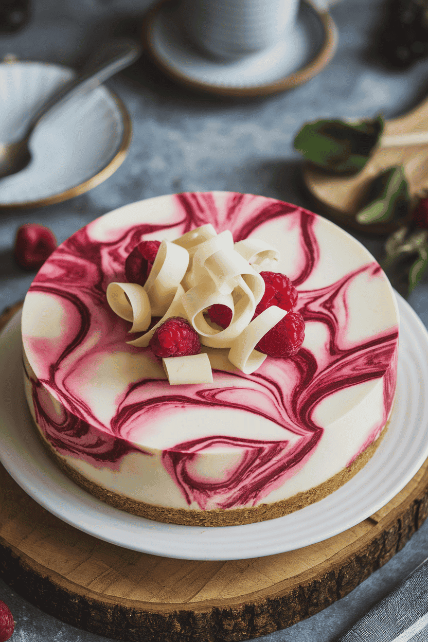 An indoor café counter with a round cheesecake marbled in raspberry purée, topped with white chocolate curls. No text or logos present. Photo only.