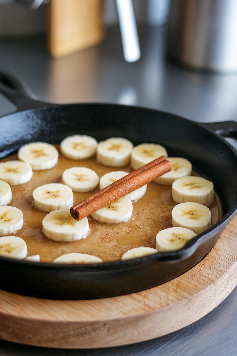 An indoor cast-iron skillet with sliced bananas sizzling in a light brown caramel sauce, cinnamon stick resting in the syrup. No text or logos.