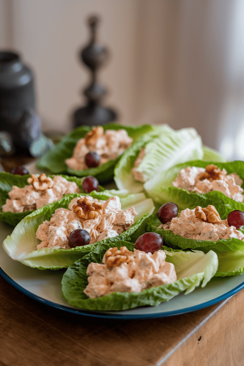 An indoor scene of crisp romaine leaves filled with creamy chicken salad dotted with grapes and walnuts. No visible text or logos.