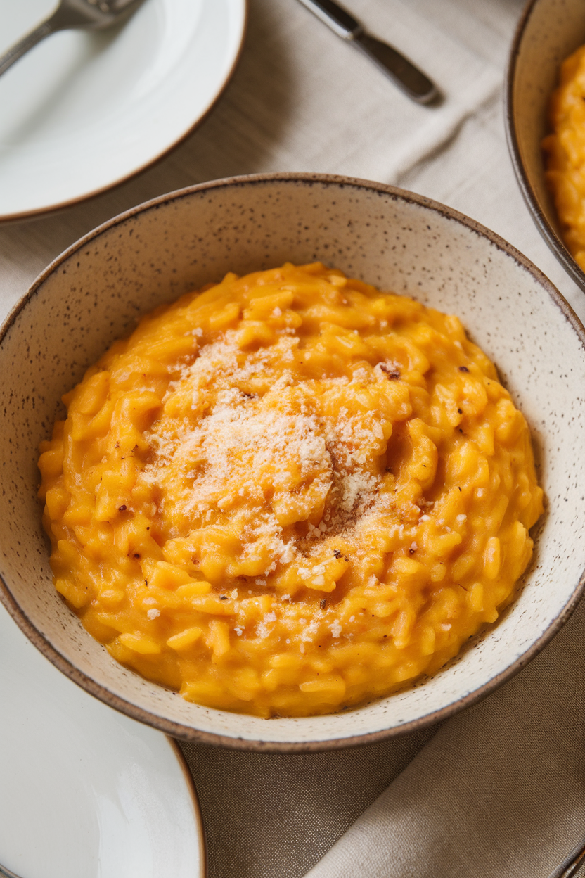 Indoor dining table with a shallow bowl of creamy butternut squash risotto, grains barely visible beneath an orange sheen. No text or logos; photo only.