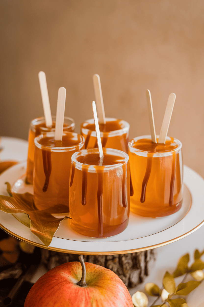 Indoor autumn-themed table with amber apple cider jello shots drizzled with caramel sauce, mini wooden sticks inserted, no logos