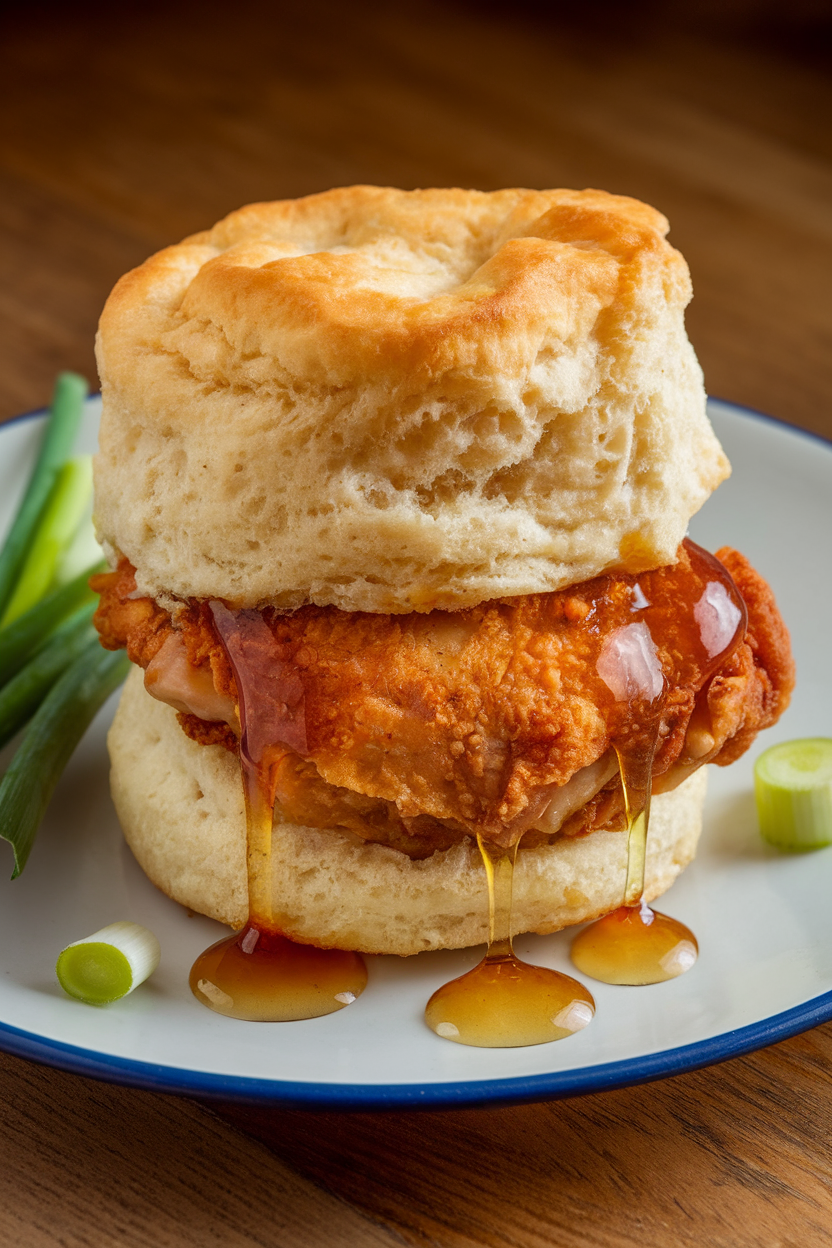 Indoor breakfast plate showing a fluffy biscuit sandwiching a crispy chicken thigh drizzled with hot honey, no text or logos. Photo.