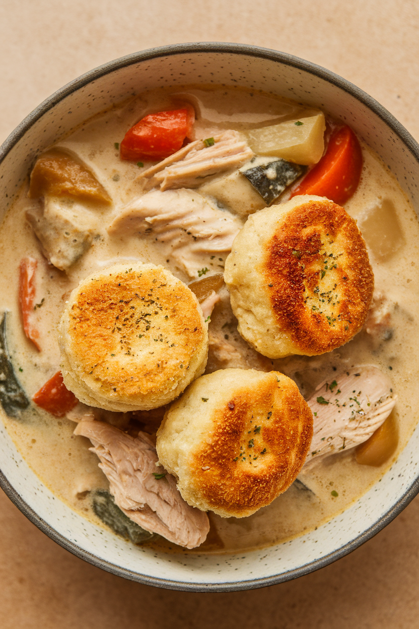 Shallow bowl of creamy chicken stew with fluffy biscuit-style dumplings on top, photographed indoors. No text or logos. Photo.