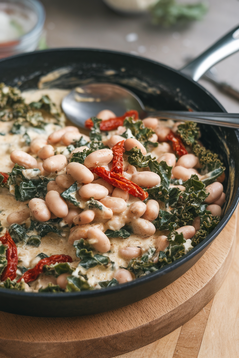 Indoor skillet containing creamy white beans, sun-dried tomatoes, and wilted kale, spoon resting inside. No text or logos.