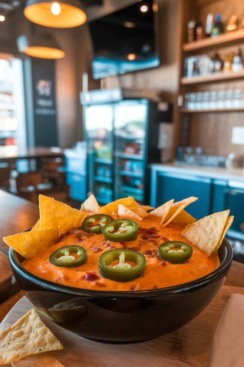 An indoor sports-night scene with a black bowl of bubbling classic nacho cheese dip, jalapeño rings floating. Photo, no text or logos.