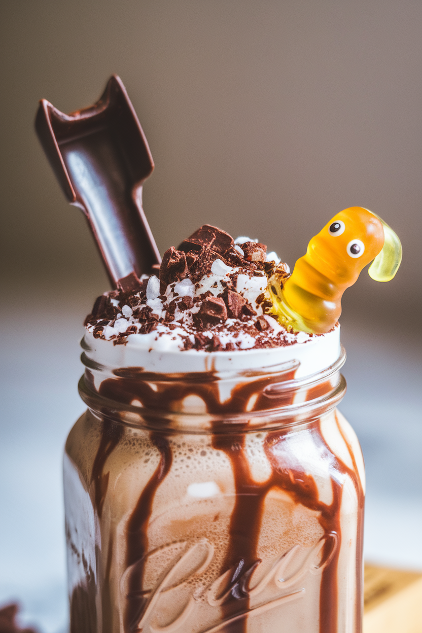 Indoor photo of a chocolate frappe in a jar topped with crushed chocolate cookies, a gummy worm peeking out, and a little spoon stuck like a shovel. No text or logos.