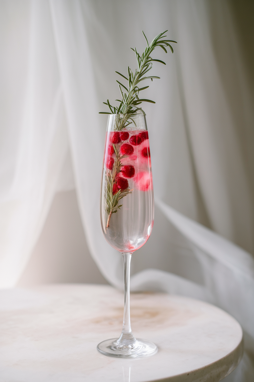 Photo of a slender flute indoors, vibrant pink cranberry rosemary French 75, rosemary sprig standing tall, no text or logos.