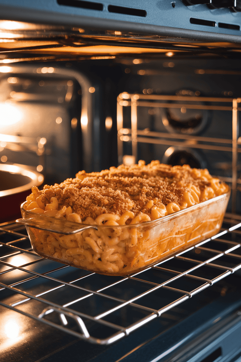 A warmly lit indoor oven rack view of a bubbling casserole dish filled with browned, cheesy macaroni and cheese, breadcrumbs crisp on top. No text or logos; photo.