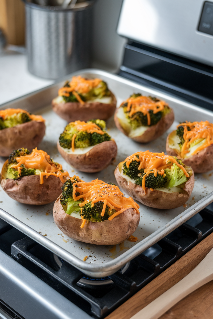 A baking sheet on an indoor stove with russet potatoes split open and filled with steamed broccoli and melted cheddar. No text or logos, photo only.